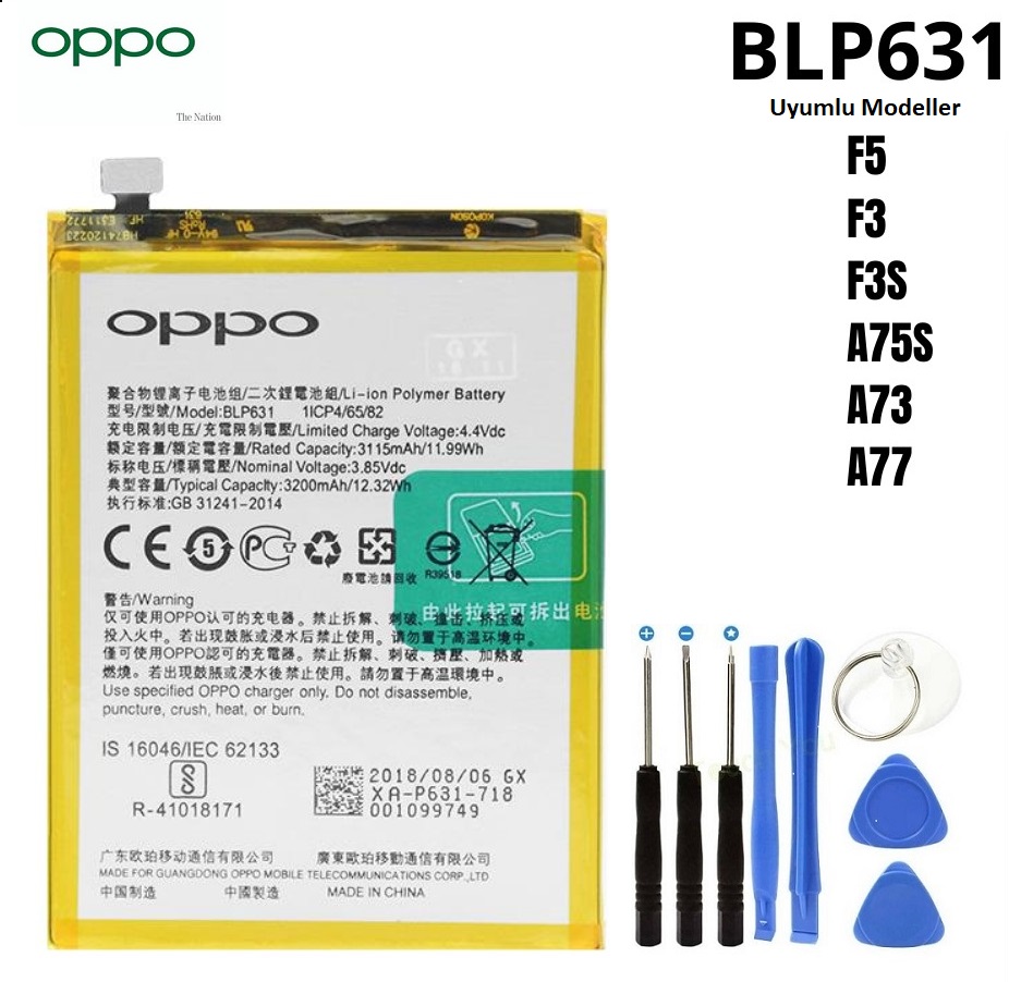 Oppo A73-A75s-A77 Pil Batarya BLP631+Tamir Seti